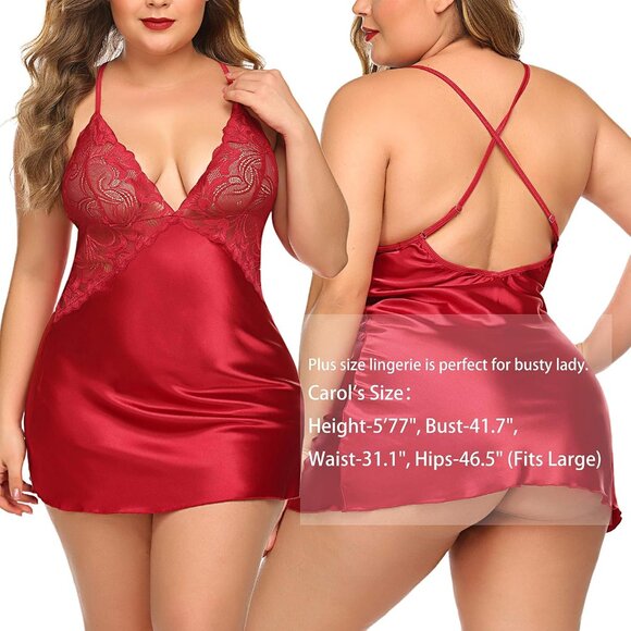 Women's Red Lingerie V Neck Nightwear Satin Sleepwear Lace Chemise Mini Dress - Picture 8 of 8